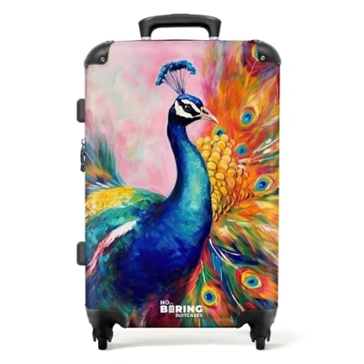 Afbeelding van NoBoringSuitcases.com® koffer Pauw Veren Olieverf Kunst Reiskoffer Trolley Grote Lichtgewicht 66 cm Hardcase TSA slot 20 kg bagage 72 liter