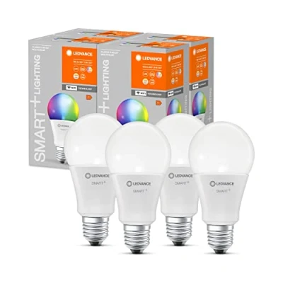 Afbeelding van LEDVANCE Intelligente ledlamp met wifi technologie, E27 fitting, dimbaar, variabele lichtkleur (2700 6500 K), aanpasbare RGB kleuren, vervanging 60 W, SMART+ meerkleurig, 4 stuks