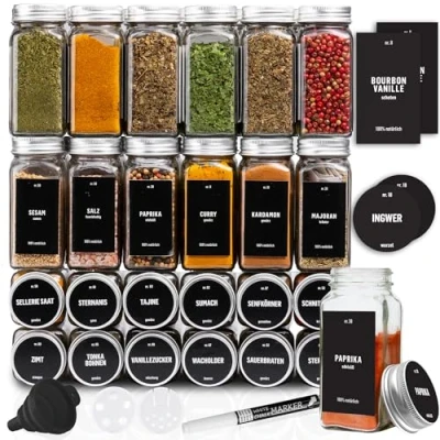 Afbeelding van Deco Haus Set van 24 Kruidenpotjes met Schroefdeksel, Kruidenkit Labels, Trechter, Schoonmaakborstel, Stift, Passen in Onze 4 Kruidenrekken, Lege Helder Glas Opberger &amp; Strooier 120ml, 10,5x4,3cm