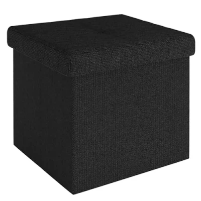 Afbeelding van Intirilife Opvouwbaar krukje 38x38x38 cm in PIANO ZWART Zitkubus met opbergruimte en deksel van stof holtes voetensteun opbergbox kist