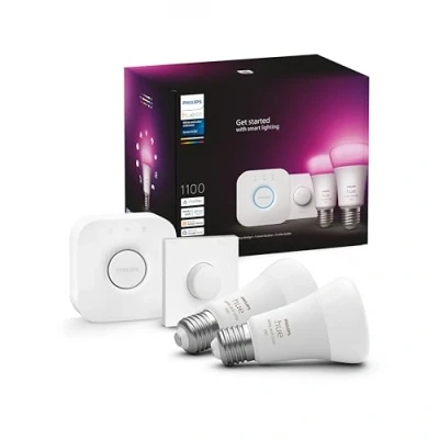 Image de Philips Hue Starterkit 2 Lampen E27 Wit en Gekleurd Licht 1100lm 1 Smart Button Inclusief Bridge Dimbaar Verbind met Bluetooth of Werkt Alexa Google Home
