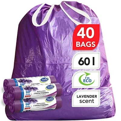 Afbeelding van Stella vuilniszak, milieuvriendelijk en recyclebaar, van kunststof afval, zeer robuust flexibel, lavendelgeur paarse kleur, 60 l, type touw