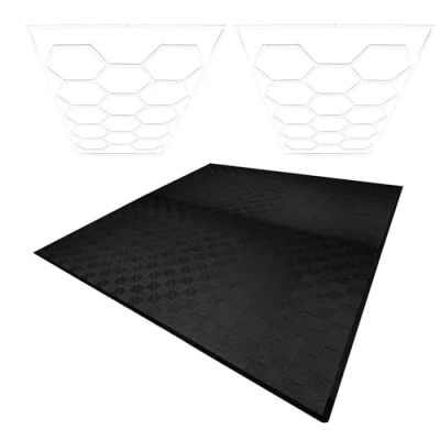 Afbeelding van Modulaire Geventileerde Vloer x 225 Zwart met Randen &amp; Hexagon LED verlichting 28 Witte Lampen 6500K 3 Montageopties Inclusief Ophangset Garagevloer 6m 36m²