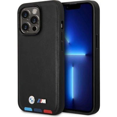 Afbeelding van BMW M Line Tricolor Stamp Leather Back Case (Magsafe Compatible) Geschikt voor Apple iPhone 14 Pro Max (6.7&quot;) Zwart