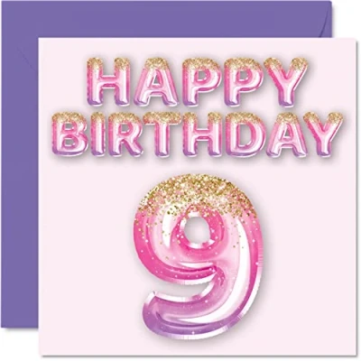 Afbeelding van stuff4 Verjaardagskaart voor meisjes, 9 jaar, glitterballonnen, roze en paars, verjaardagskaarten jarig meisje, zus, kleindochter, neef, 145 mm x