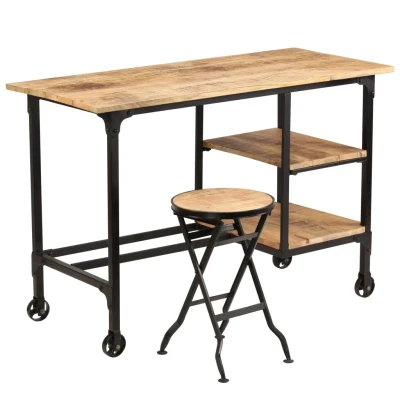 Afbeelding van Bureau met inklapbaar krukje 115x50x76 cm massief mangohout