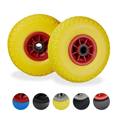 Image de Relaxdays roue de brouette, caoutchouc, 3.00 4&quot;, 2x rechange, pour axe 25 mm, 260x85 jaune rouge
