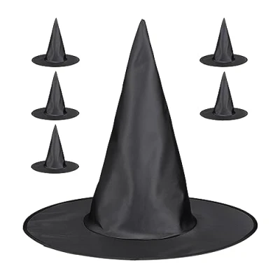 Afbeelding van Relaxdays heksenhoed set van 6 zwart tovenaarshoed halloween hoed verkleedhoed