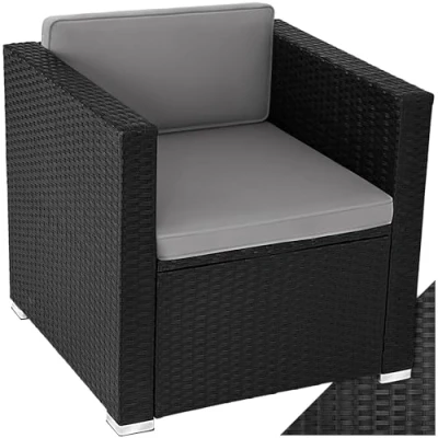Afbeelding van tectake® comfortabele wicker fauteuil met armleuningen, tuinmeubelen voor balkon, tuin, lounge, 70 x 69 65 cm, waterafstotende en wasbare hoezen, inclusief zit rugkussens zwart poly rattan