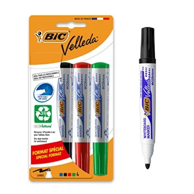 Image de Bic Marqueur Velleda 1701 Blister de Feutres Effaçable à sec Noir/Bleu/Rouge/Vert