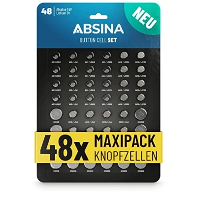 Afbeelding van ABSINA Set van 48 alkaline &amp; lithium knoopcellen 4X AG1 / AG3 8X AG4 AG10 AG13 CR2016 CR2025 CR2032 1,5V 3V knoopcel assortiment lekvrij knoopbatterijen