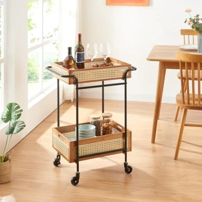 Afbeelding van Keukentrolley Tervola 80,5x61x39 cm zwart en houtkleurig rotan look [en.casa]