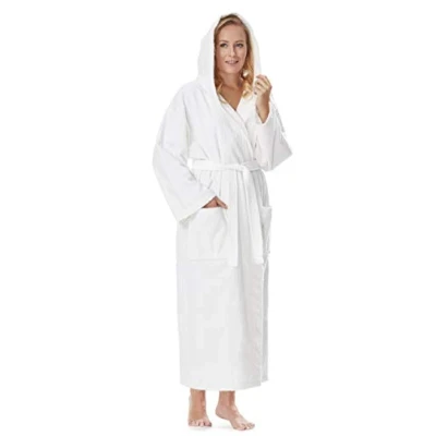 Afbeelding van Badjas voor dames met capuchon, kuitlengte of enkellengte, badstof (380 g/m²), 100% gecertificeerd katoen, Puur wit