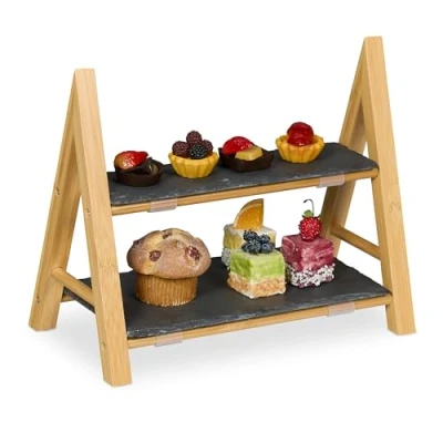 Afbeelding van etagere 2 laags 27 cm leistenen serveerplanken bamboe