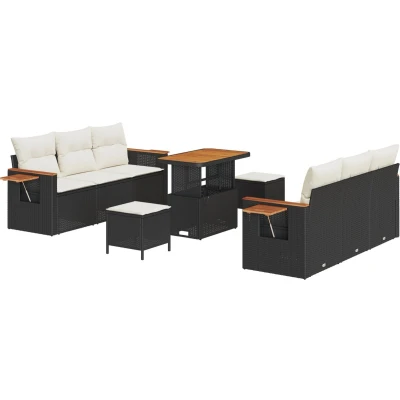 Afbeelding van vidaXL 9 delige Tuin Sofa Set met Kussens Zwart Poly Rattan Acacia, 3 Eettafel Acacia