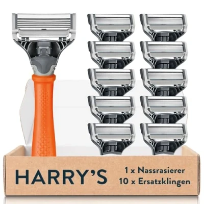 Afbeelding van Harry&#039;s Nat scheerapparaat voor heren, scheerset met oranje handvat, 10 reservemesjes scheerapparaten, scheermesjes, scheermesjes heren