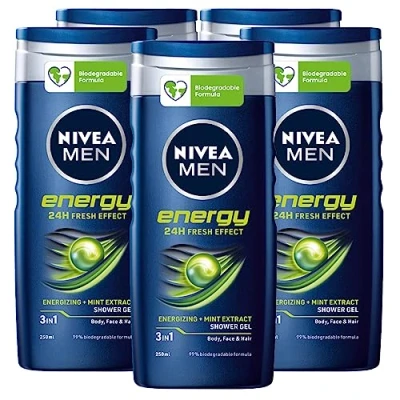 Afbeelding van Nivea Men Energy Lichaamsreiniger, gezicht, haar, 3 in 1, douchegel voor heren, multifunctionele shampoo, 24 uur, biologisch afbreekbare formule met stimulerend en revitaliserend effect