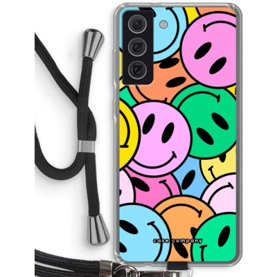 Afbeelding van Case Company® hoesje met Koord geschikt voor Samsung Galaxy S21 FE Smiley N1 Telefoonhoesje Zwart Bescherming aan alle Kanten en Over de Schermrand