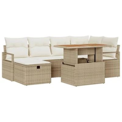 Afbeelding van vidaXL 7 delige Tuin Sofa Set met Kussens in Beige Poly Rattan, 2 Persoons Opslag &amp; Rattan