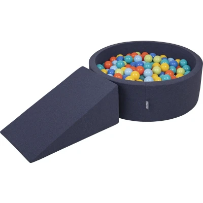 Afbeelding van KiddyMoon Schuim speeltuin met rond ballenbad (200 ballen) ballengracht voor baby&#039;s speelbad hindernisbaan, made in the EU, donkerblauw: lichtgroen/oranje/turquoise/blauw/geel