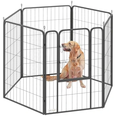 Afbeelding van PawHut Welpenlaufstall 6 eckig Welpenauslauf mit Gitterplatten Tür flexibel faltbar Schutzplane Freilaufgehege 100cm hoch Hundelaufstall Welpengitter für Hund Katze Laufgitter drinnen draußen