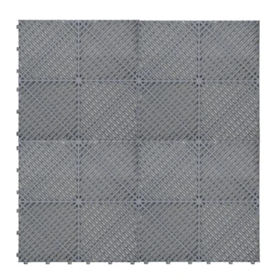 Afbeelding van Modulaire geventileerde kliktegels van grijs polypropyleen 3,2m x 6m, antislip, weerbestendig, 120 stuks met randen, draagcapaciteit 5 ton, ideaal voor garage en werkplaatsen.