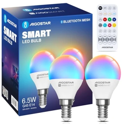 Afbeelding van Aigostar Mesh Bluetooth G45 gloeilamp 6,5 W, Alexa E14 LED 555LM RGB &amp; 2700 K 6500 K, lamp 16 miljoen kleuren, 2 eenheden (met afstandsbediening)