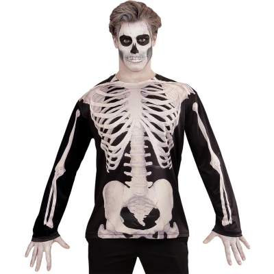 Afbeelding van Widmann Spook &amp; Skelet Kostuum T Shirt Lange Mouwen Berend Botje Man Zwart, Zwart / Wit Medium Large Halloween Verkleedkleding