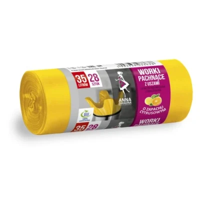 Afbeelding van ANNA ZARADNA ST AZ 033638 vuilniszakken met handgrepen, 35 liter, citrusgeur, voor huisvuil en kantoor, folie hoge dichtheid, geel, 28 zakken.