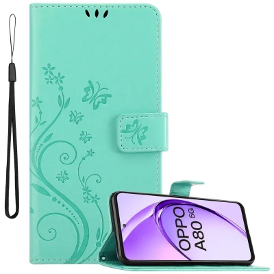 Afbeelding van Cadorabo Hoesje geschikt voor Oppo A80 in BLOEMEN TURKOOIS Beschermhoes bloemmotief met magnetische sluiting, standfunctie en kaartsleuven Book Case Cover Etui