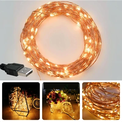 Afbeelding van Cheqo® LED Lichtslinger USB Kerstboomverlichting Kerstlampjes Kerstverlichting Warm Wit 10 Meter Flexibele Koperdraad Verlichting