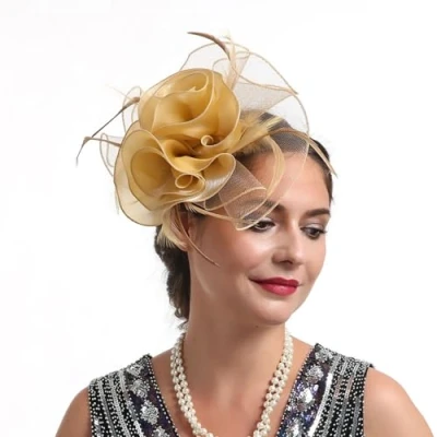 Afbeelding van CCAIPU Fascinator hoed voor dames, mesh bloem, linten en veren, elegante hoofdband met haarclip, hoofddeksel meisjes vrouwen, Wit.