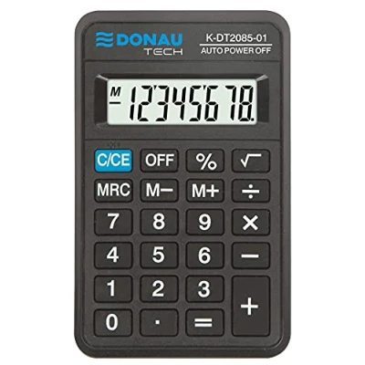 Afbeelding van DONAU TECH/K DT2085 01 8 cijferige rekenmachine, wortelfunctie, 114 x 69 18 mm, kleur: zwart, rekenmachine met cijferig display, werkt op batterijen, compact design