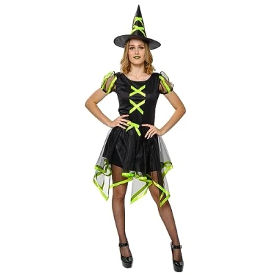 Afbeelding van Rubies Neonkoekoek heksenkostuum voor dames, jurk en hoed, kleur groen, officiële Halloween, carnaval, party, cospplay