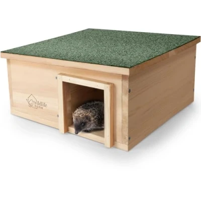 Afbeelding van Wildlife Home egelhuis XL met schuin dak Bouwpakket Groot houten bodem en labyrint ingang Hoogwaardig grenenhout ca. 37,5 x 20 cm (L B H)