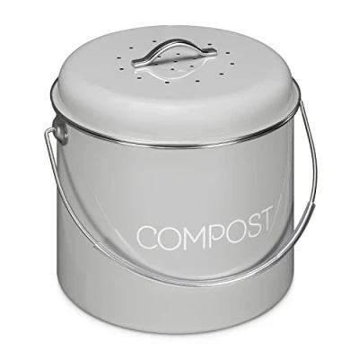 Afbeelding van Navaris metalen compostbak 5L Afvalbakje met 3x filter tegen vieze geuren Prullenbak deksel voor gft afval Compostemmer keuken Grijs