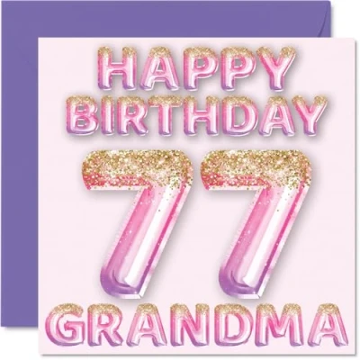 Afbeelding van Verjaardagskaart 77 jaar voor oma roze en paarse glitterballonnen verjaardagskaarten jarige van kleinzoon kleindochter, 145 mm x