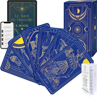 Afbeelding van Tarot de Marseille + boekje en e book met 196 pagina&#039;s in het Frans, perfect voor beginners, waarzeggerij begeleiding, 100% gemaakt Frankrijk