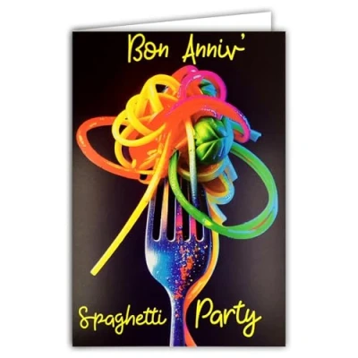 Afbeelding van 69 8122 Carte FLUO Texte NÉON Bon Anniversaire Spaghetti Pasta Party avec Enveloppe 12x17,5cm Cuisine Italienne Intérieur Blanc pour écriture Véritables encres Créé et Fabriqué en France