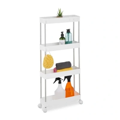 Afbeelding van Relaxdays keukentrolley op wieltjes smalle badkamer trolley kunststof opbergrek wit