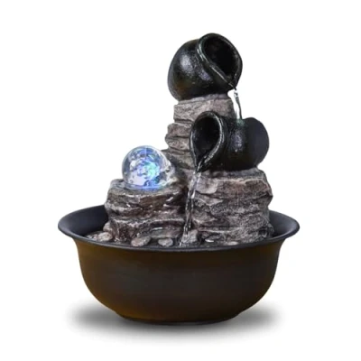 Afbeelding van Binnenfontein, waterval, glas, natuur, Zen, ontspannend, kleurrijk licht, cadeau idee, feest, decoratie in beweging, tafelfontein, decoratief object Feng Shui geluksbrenger, H 25 cm, achterkant