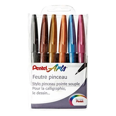 Afbeelding van Pentel SES15C Brush Sign Pen Touch penseelstiften met zachte punt, 6 verschillende kleuren, grijs, bruin, oker, lichtblauw, roze, stuks