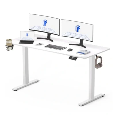 Afbeelding van FLEXISPOT Lite Elektrisch Zit/Sta Bureau In Hoogte Verstelbaar Sta met Bekerhouder en Haken, Toetsenbordpaneel Geheugenfuncties 140x60 cm(Wit Frame + Wit Blad)