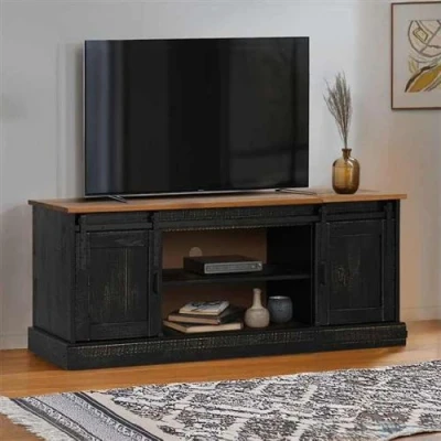 Afbeelding van vidaXL Tv meubel HALDEN 2 schuifdeuren 150x40x60 cm massief hout zwart