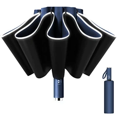 Afbeelding van Poligono Omkeerbare paraplu, automatische opvouwbare paraplu met 10 baleinen, voor heren en dames, winddicht, stormparaplu, diameter 105 cm, Donkerblauw, Klassiek