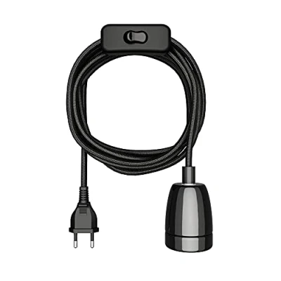 Afbeelding van ledscom.de Textielkabel LEHA II, stekker, schakelaar, zwart, 3 m, porseleinen fitting, 1x E27 max. 300 W, led, doe het zelf, lampfitting, E27, textielkabel, hanglamp,