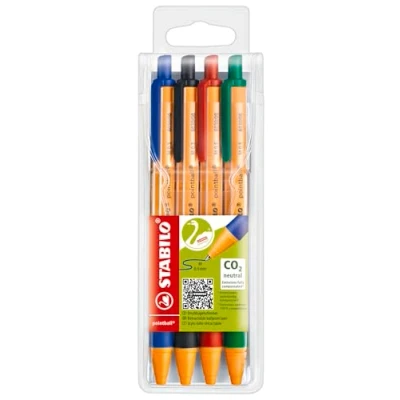 Afbeelding van Balpen met klikmechanisme STABILO pointball 4 stuks blauw, zwart, rood, groen