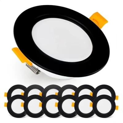 Afbeelding van Emos Exclusieve led inbouwspot, downlight, plafondspots, IP54, voor badkamer, vochtige ruimtes, warm wit, 3000 K, extra plat, rond, 5 watt (5 W) / 500 lumen, zwart, 12 stuks