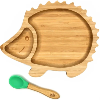 Afbeelding van Kleiner Fuchs Hoogwaardig bamboe bord met zuignap, antislip bijpassende babylepel, voor grappige maaltijden, serviesset geschenkdoos leren van de
