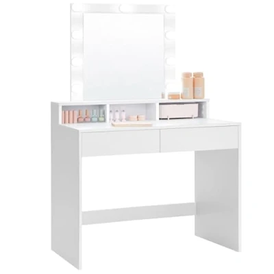 Afbeelding van VASAGLE make uptafel met spiegel en lampen, uptafel, 2 laden 3 vakken, moderne stijl, wit RDT114W01